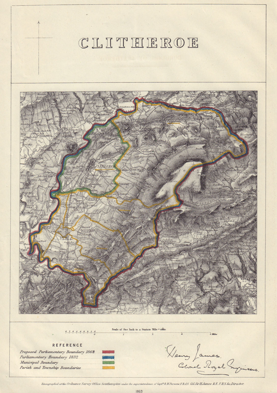 Clitheroe, Lancashire. JAMES. PARLIAMENTARY BOUNDARY COMMISSION 1868 old map